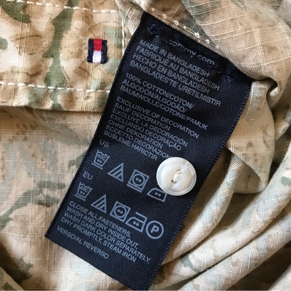 Tommy Hilfiger Short Sleeve Shirt Mens Size Medium Button Down Tan Green Blue - Picture 9 of 10